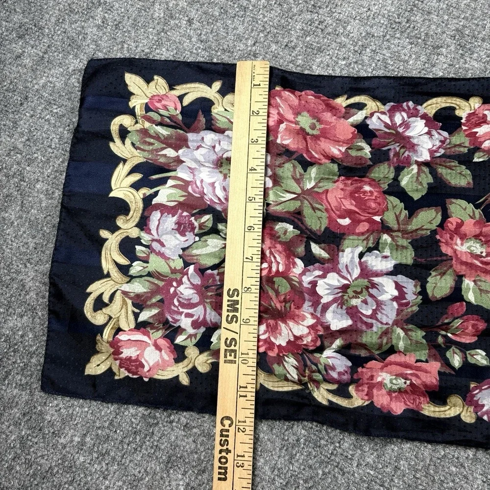 Vintage 80s Kathie Lee Floral Scarf Navy Pink Rose Cottagecore Romantic 56x12